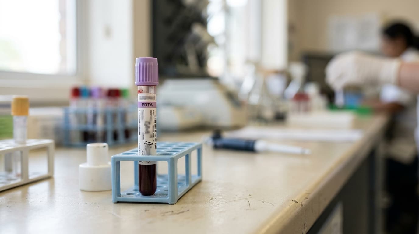 Tubo de coleta de sangue identificado para exame de TSH sobre bancada de laboratório, em luz neutra