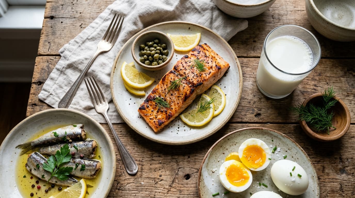 Mesa com alimentos ricos em vitamina D, como salmão, sardinha, ovos e leite
