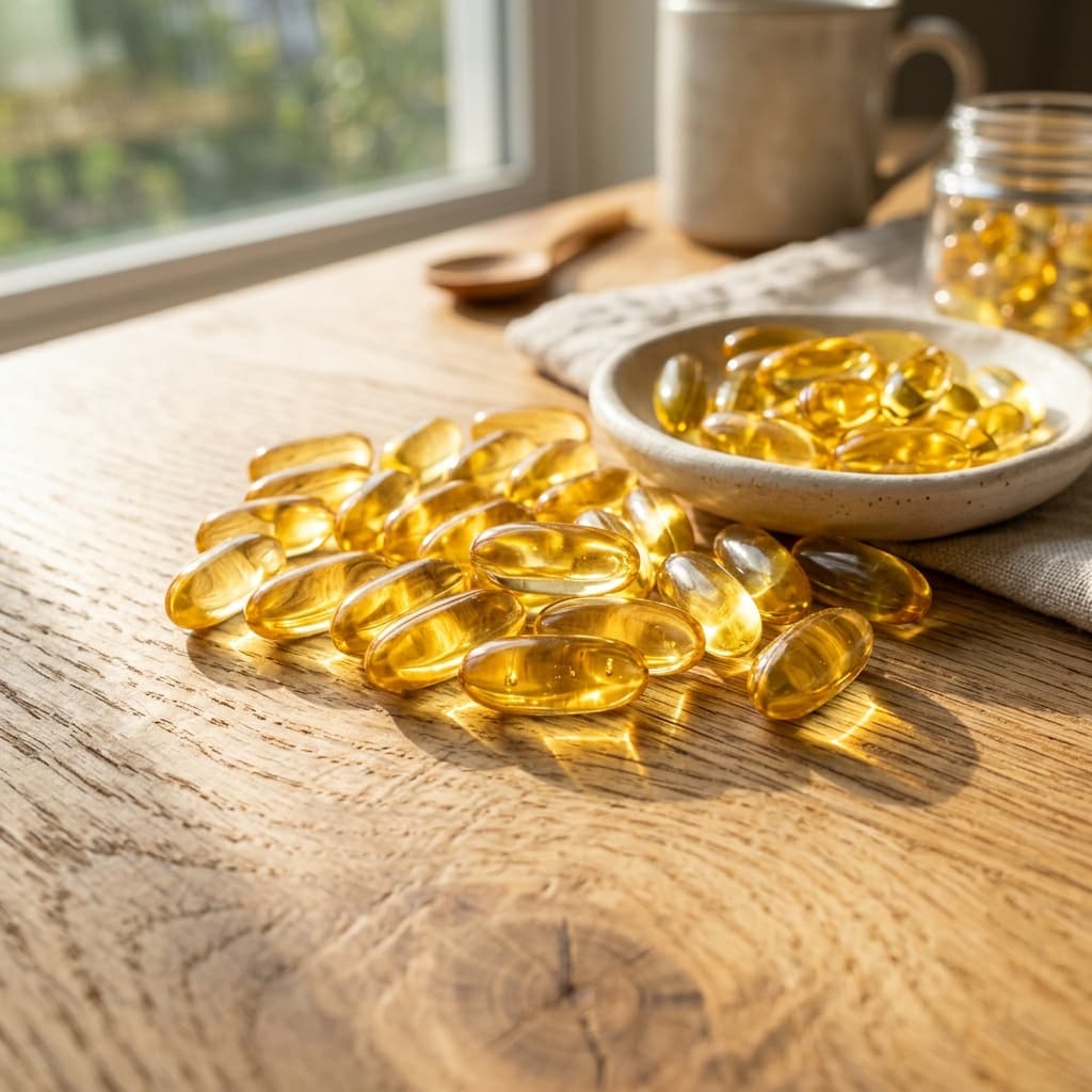 Cápsulas douradas de vitamina D sobre mesa iluminada pelo sol