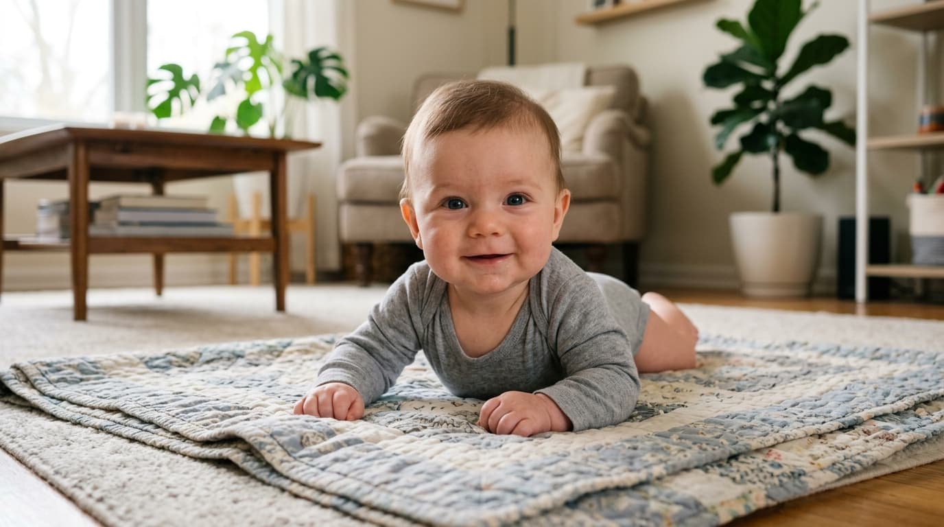 Realistisches Foto eines Babys in Bauchlage, das sich auf die Unterarme stützt und den Kopf hebt