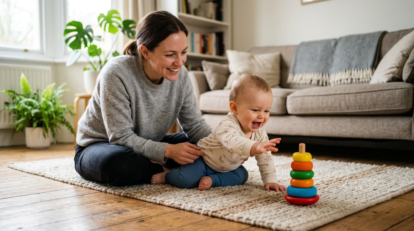 Realistisches Foto von Elternteil und Baby beim gemeinsamen Spielen auf dem Boden mit einem Spielzeug in kurzer Reichweite