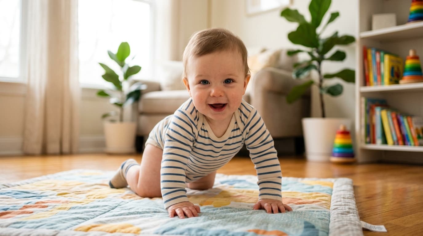 Realistisches Foto eines fröhlichen Babys, das auf Händen und Knien auf einer weichen Krabbeldecke krabbelt