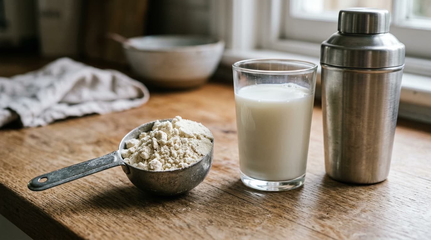 A scoop of cream coloured whey protein powder resting on a wooden surface next to a glass of milk and a stainless steel shaker bottle