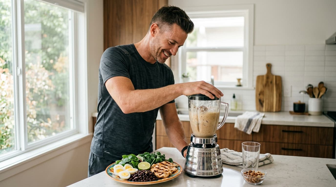 A man in his forties in a bright kitchen blending a protein shake next to a plate of eggs, chicken, beans and leafy greens