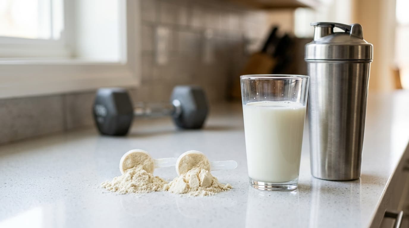 Two scoops of protein powder beside a glass of milk and a metal shaker on a kitchen counter, with a dumbbell in the background