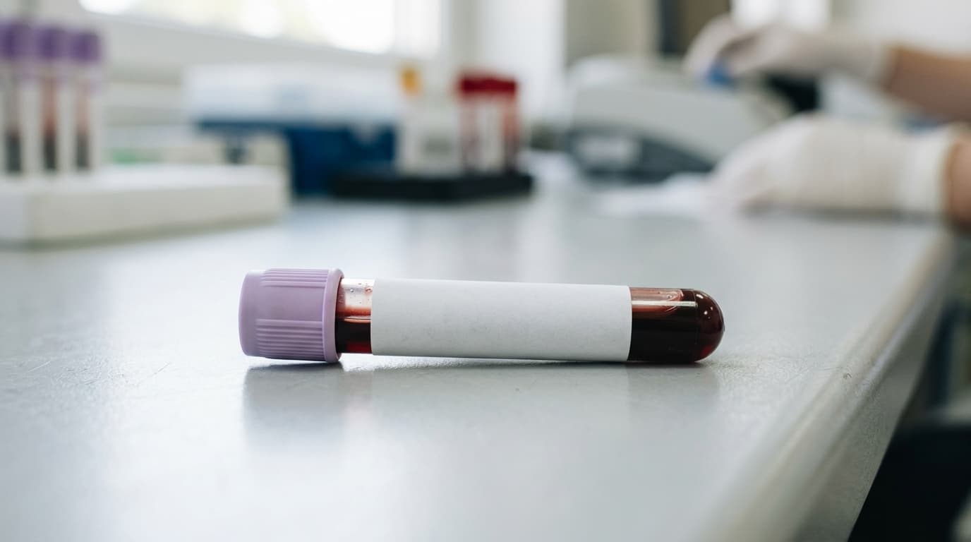 Tubo de coleta de sangue com etiqueta de lipidograma sobre bancada de laboratório em luz neutra