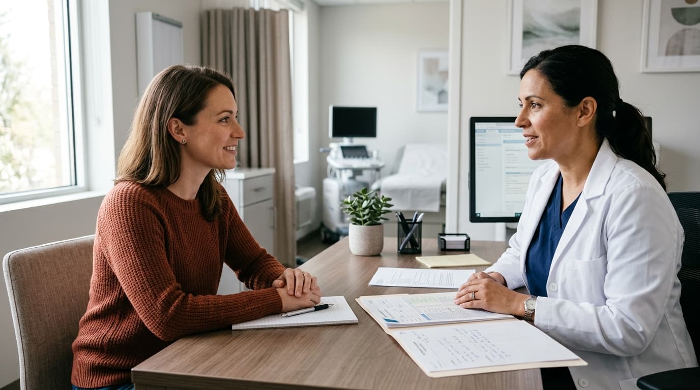 Mulher em consulta de rotina conversando com profissional de saúde em ambiente acolhedor