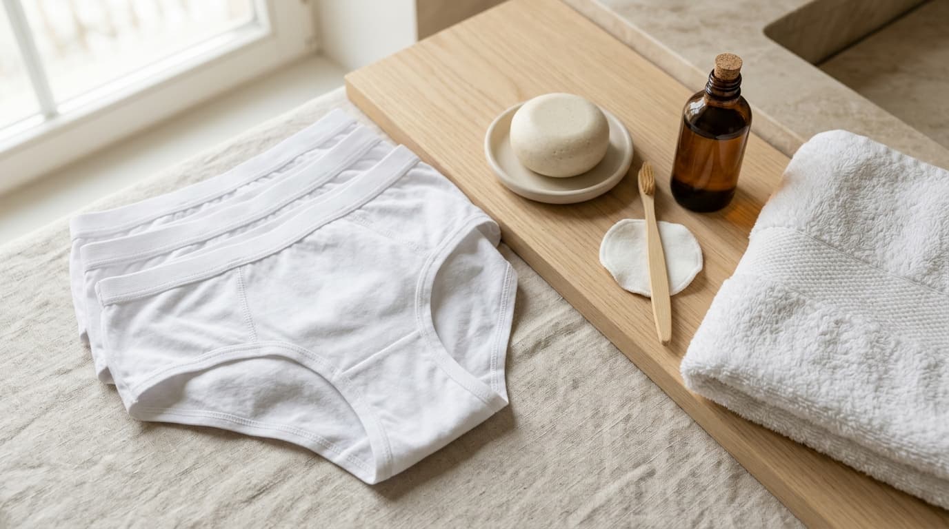 Roupa íntima de algodão e itens de higiene íntima sobre superfície clara, em clima discreto