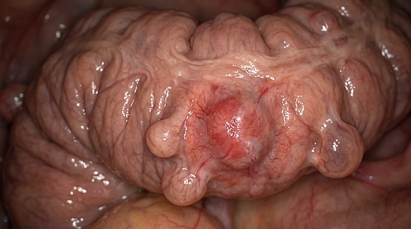 Ilustração da parede do intestino grosso mostrando pequenas bolsas, os divertículos, projetadas para fora