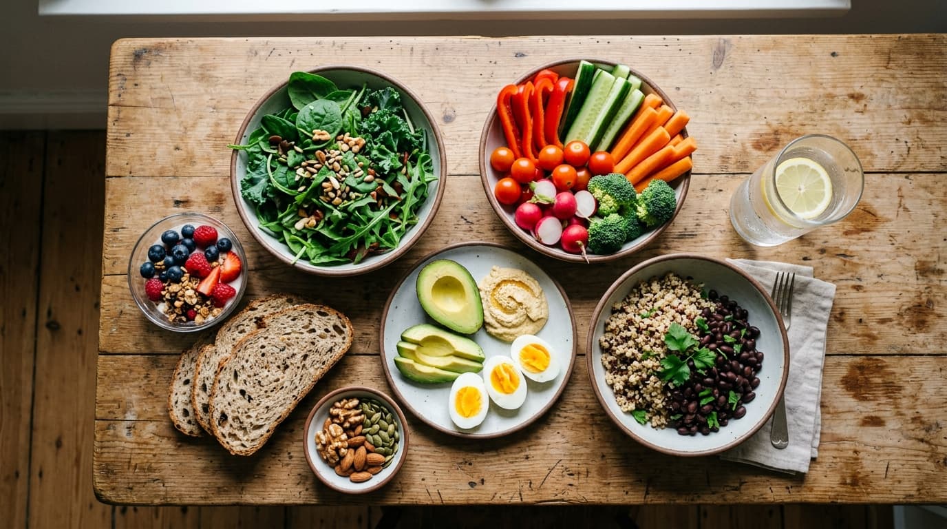 Mesa com frutas, verduras, legumes, grãos integrais e um copo de água, representando alimentação rica em fibras e boa hidratação