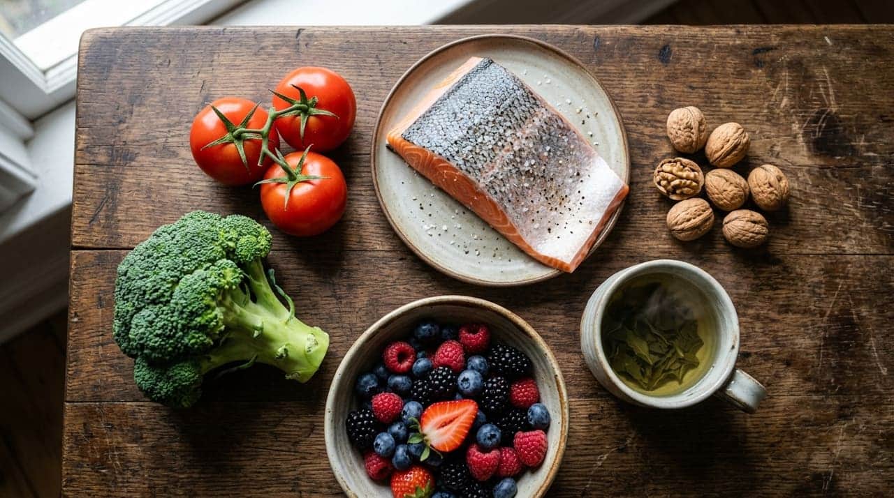 A wooden table arranged with foods linked to prostate health: ripe tomatoes, a salmon fillet, broccoli, fresh berries, walnuts and a cup of green tea