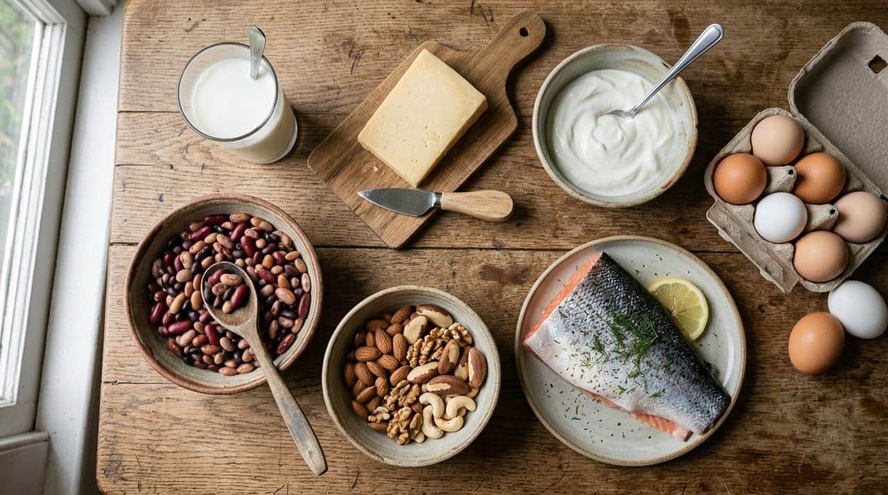 A spread of phosphorus-rich foods on a light surface: a glass of milk and cheese, fresh salmon fillet, eggs, mixed nuts and a bowl of cooked beans