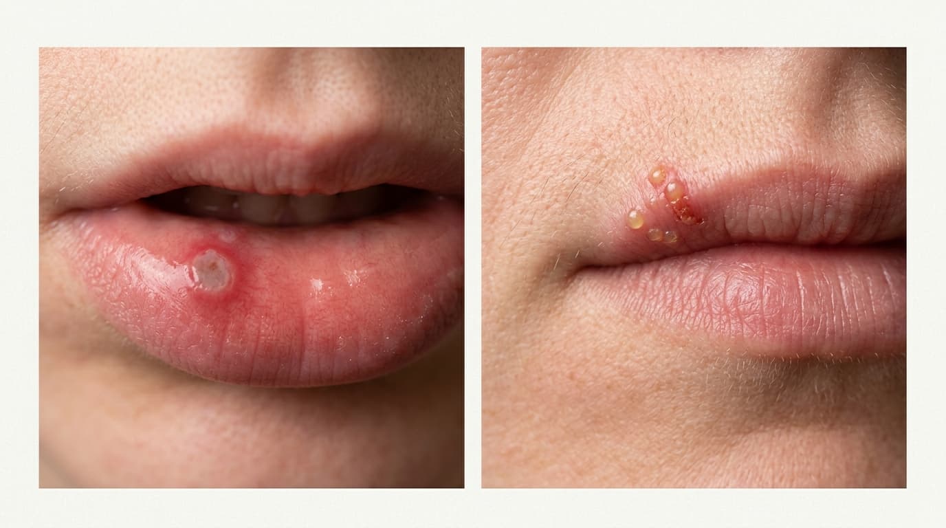 Diagram-style close-up comparing a round canker sore inside the lower lip with a cold sore on the outer edge of the lip
