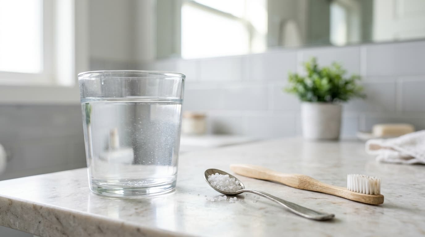 A glass of water with a spoon of salt beside a soft-bristled toothbrush on a clean bathroom counter