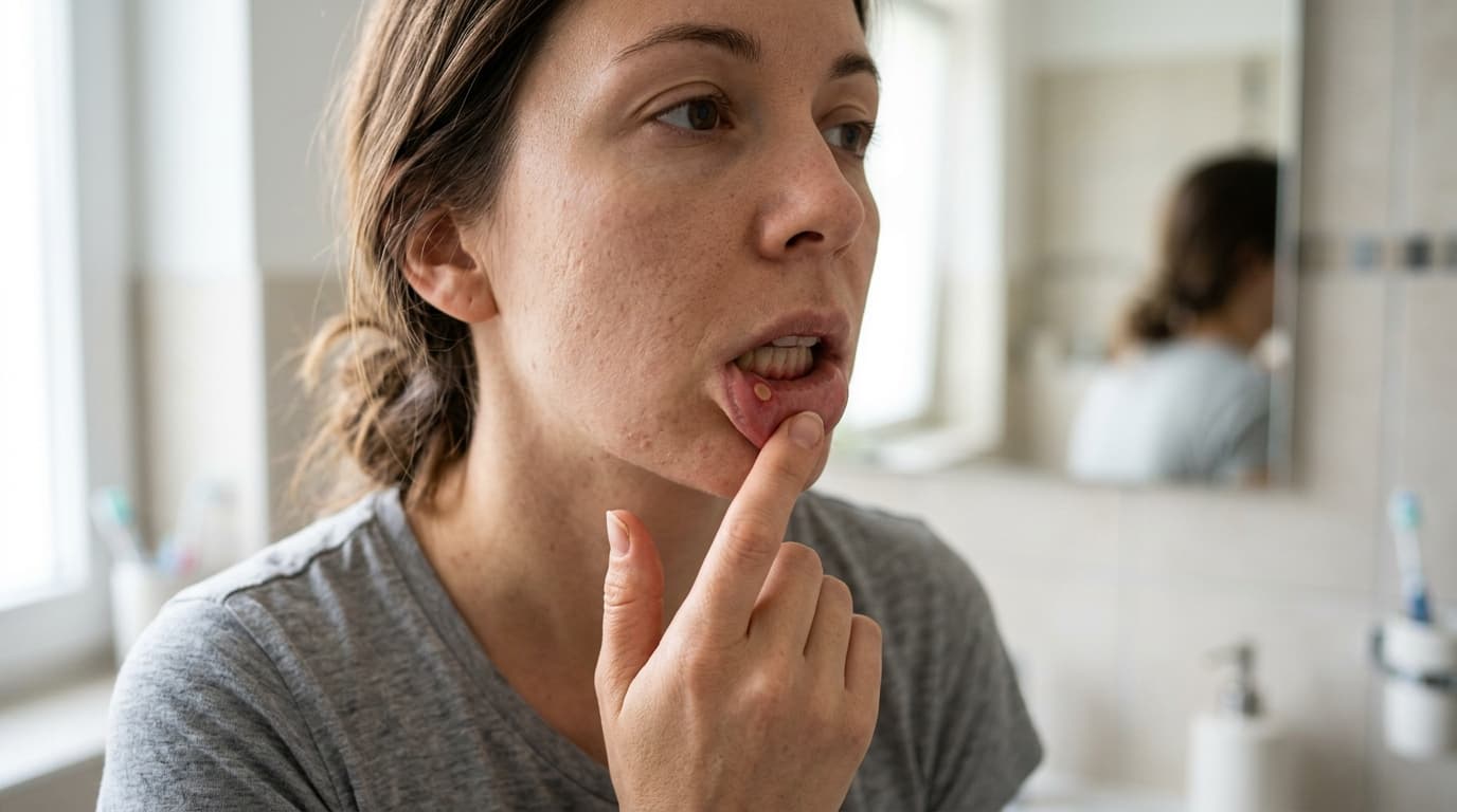 Close-up of a person gently checking the inside of their lower lip in a mirror, showing a small canker sore