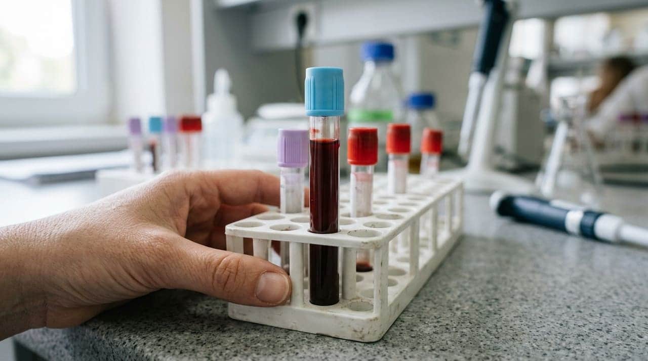 Tubo de sangre etiquetado para recuento de glóbulos blancos sobre una mesa de laboratorio con luz neutra