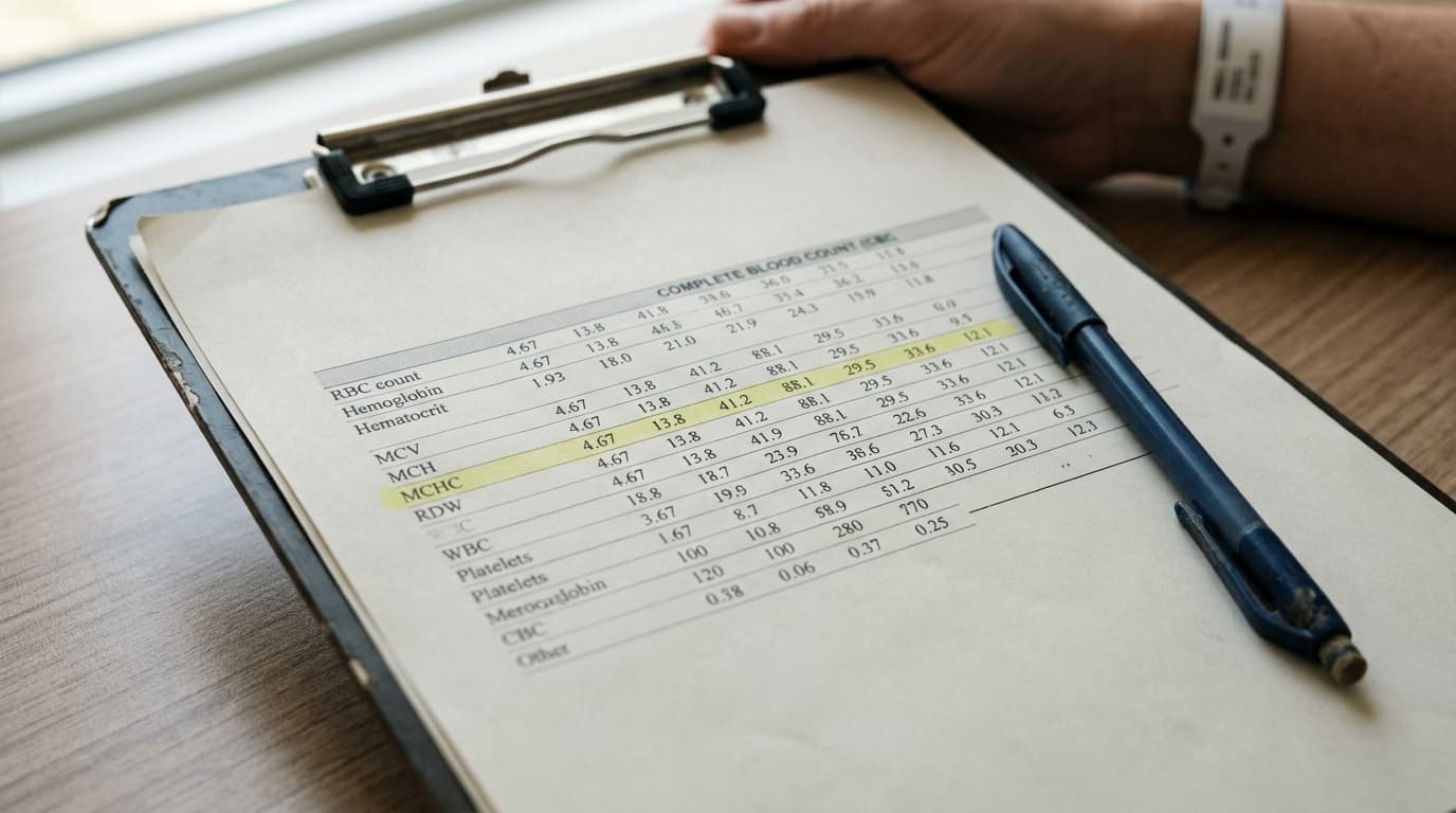 Close-up of a printed complete blood count report with the MCV value highlighted in a column of red blood cell indices