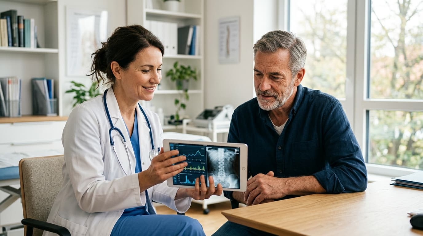 A doctor and patient reviewing blood test results together on a tablet in a calm clinic setting