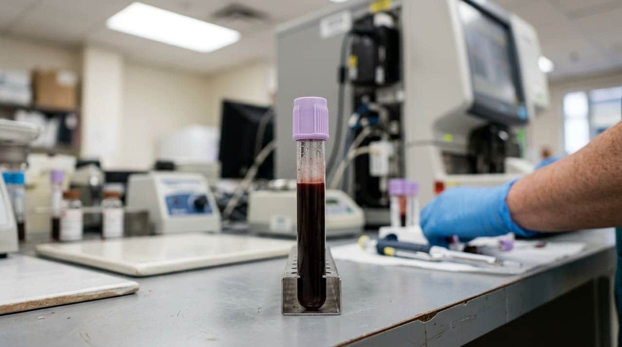 A laboratory blood count report with the MCV line highlighted next to a tube of blood