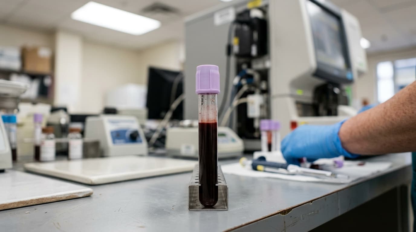 A laboratory blood count report with the MCV line highlighted next to a tube of blood