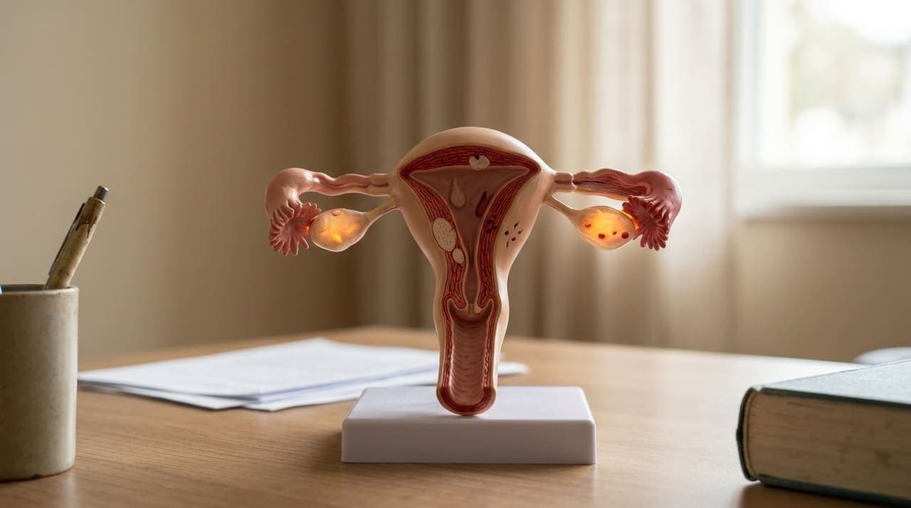 Ilustración del aparato reproductor femenino con ovarios resaltados para explicar el síndrome de ovario poliquístico