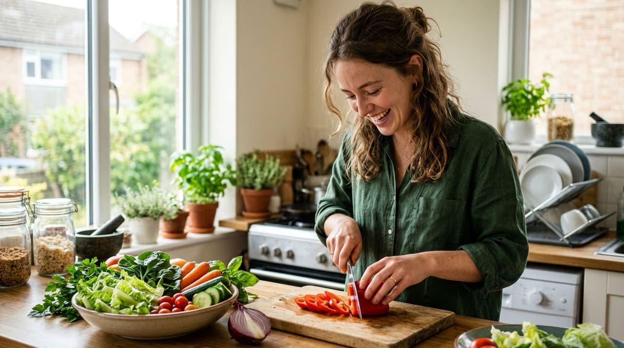 Mujer joven preparando una comida saludable con verduras frescas en la cocina de casa