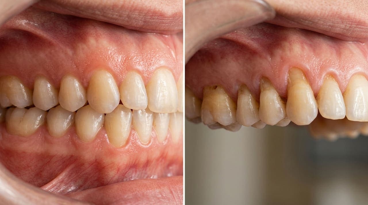 Side-by-side close-up comparing healthy gums hugging the teeth with receding gums that expose more of the tooth and root