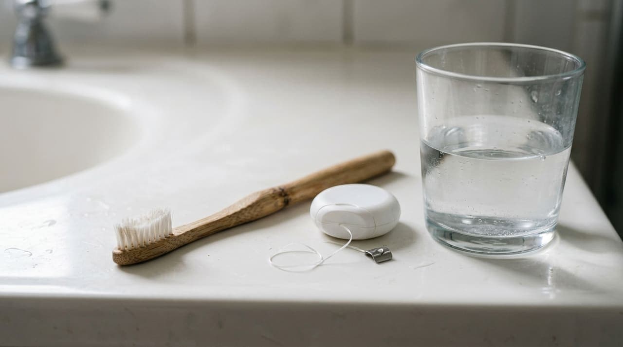 A soft-bristled toothbrush and dental floss laid out on a clean bathroom counter beside a glass of water