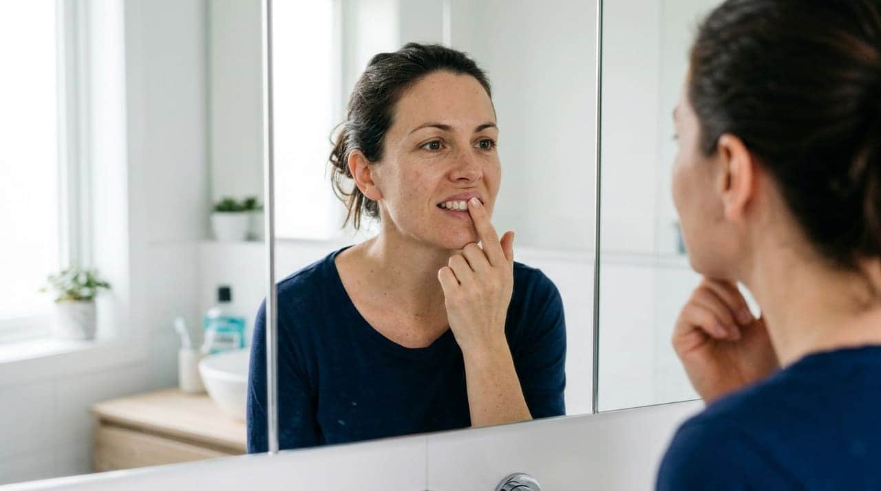Close-up of a person looking in a mirror and gently pulling back their lip to check the gum line along the upper teeth