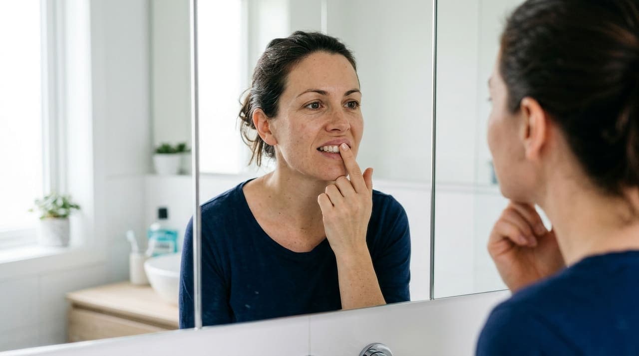 Close-up of a person looking in a mirror and gently pulling back their lip to check the gum line along the upper teeth