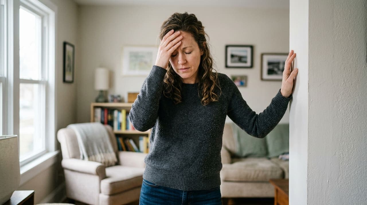 Person zu Hause stützt sich mit einer Hand an der Wand ab und hält sich die andere Hand an die Stirn, weil ihr schwindelig ist