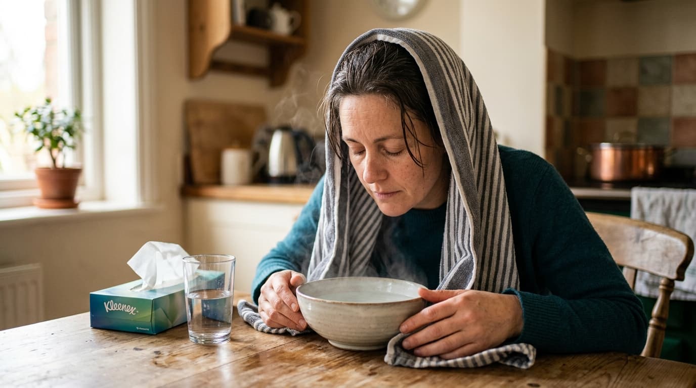 Person zu Hause beugt sich über eine Schüssel mit dampfendem Wasser und atmet den warmen Dampf ein, ein Handtuch über dem Kopf