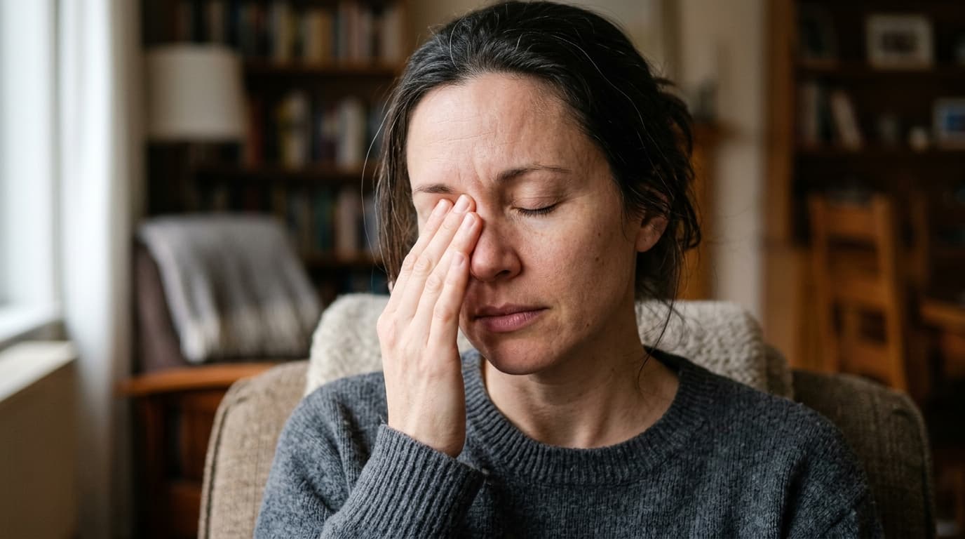 Person zu Hause fasst sich mit der Hand an die Nasenwurzel und die Wange, mit Anzeichen von Druck im Gesicht