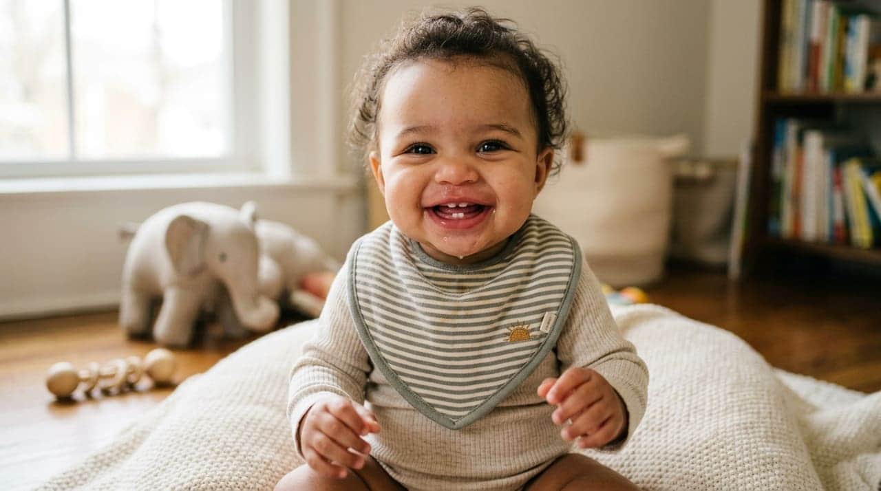 Realistic photo of a smiling teething baby with a bib, drooling, with mild redness around the chin
